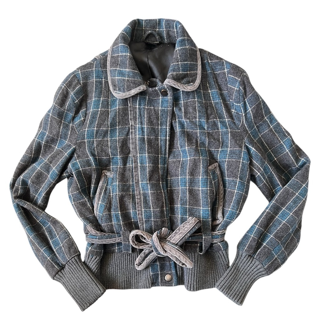 GUESS Jeans Bomber Jacket Fashion Blue Grey Plaid | Large